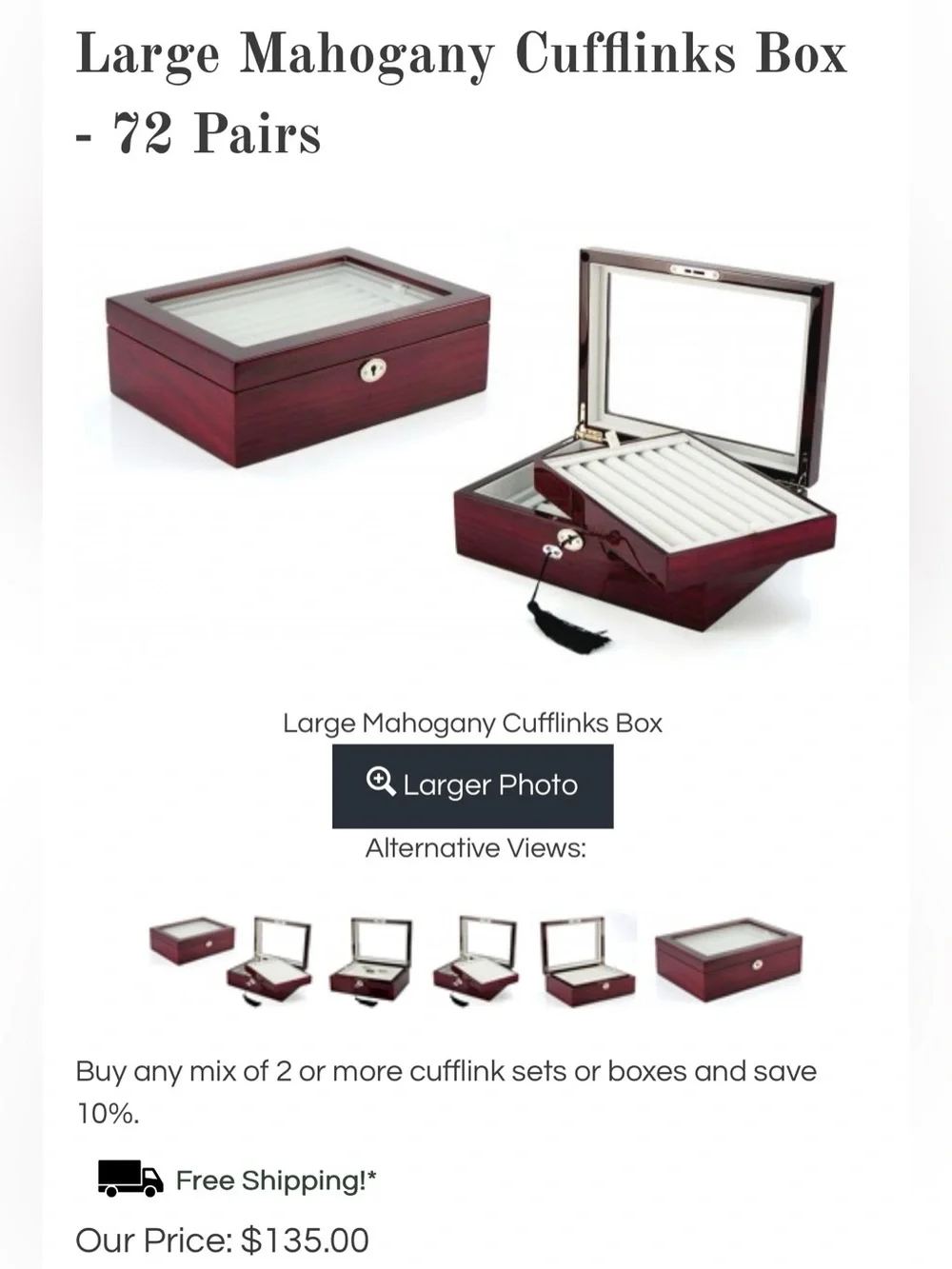 Double Layer Glass-Top Mahogany Cufflink and Ring Felt Bottom Jewelry Box